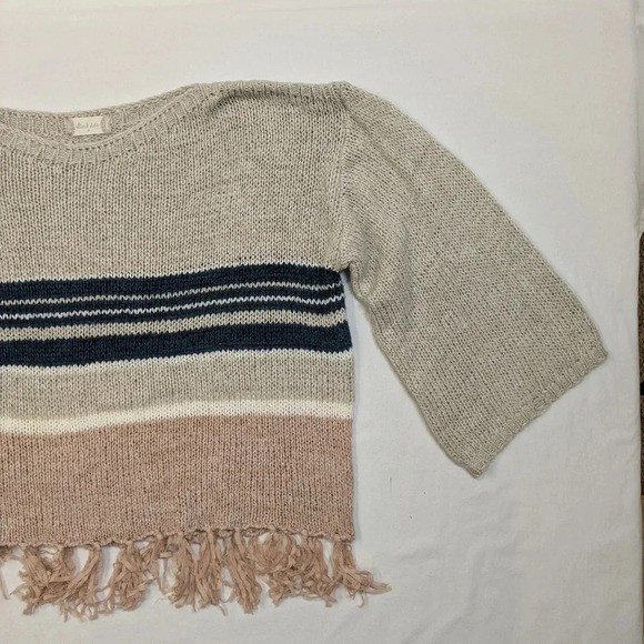 Altar'd State women's striped fringe knit sweater, tan pink navy cream size M - Picture 4 of 10